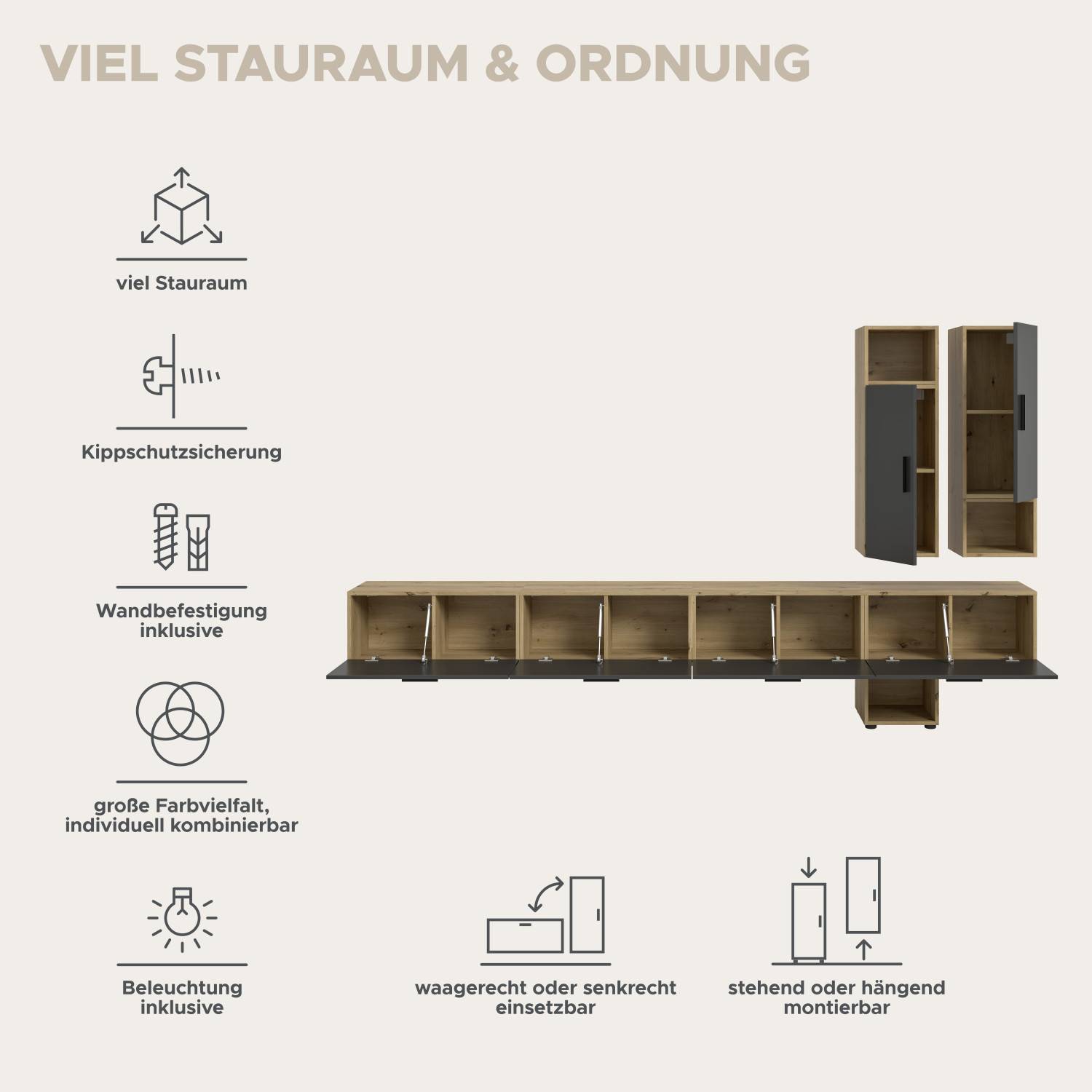 Flexible Medienwand mit viel Stauraum, Wandbefestigung und variablen Montageoptionen – Estoron