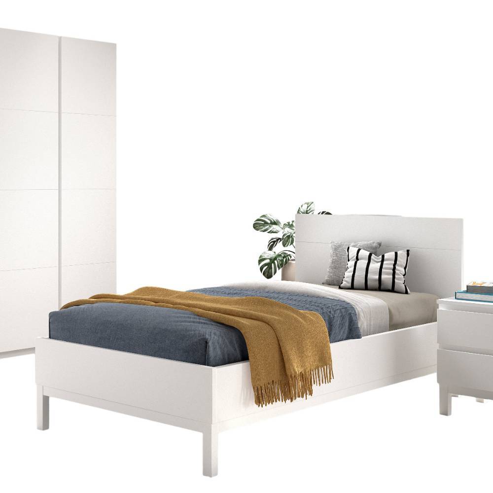 Modernes weißes Einzelbett mit stabilem Bettrahmen und Kopfteil für das Jugendzimmer – Crocinol