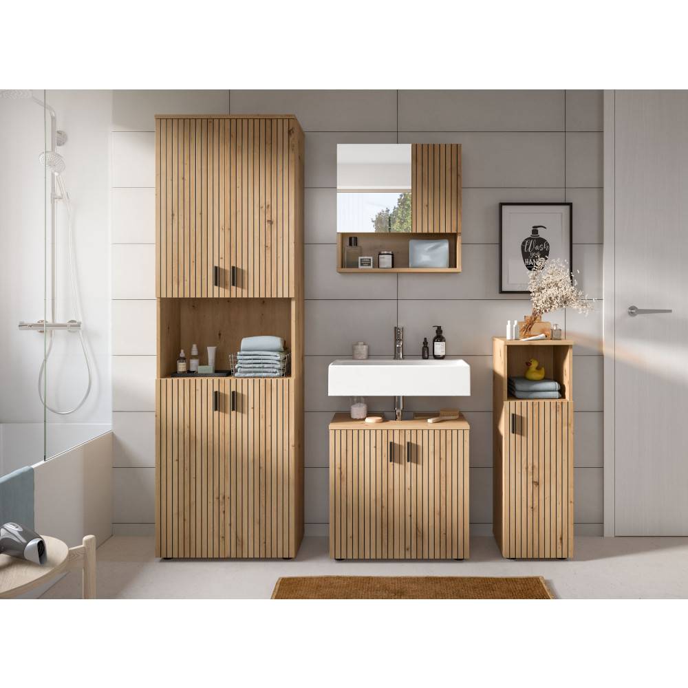 Funktionales Badmöbelset Janny in Holzoptik mit Spiegelschrank und Stauraum im Badezimmer – Janny