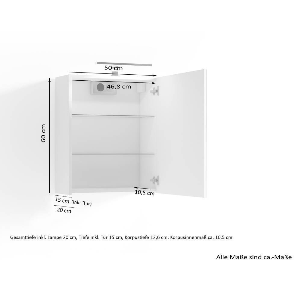 Badspiegelschrank Maße und Abmessungen mit 50 cm Breite und 60 cm Höhe – Asta