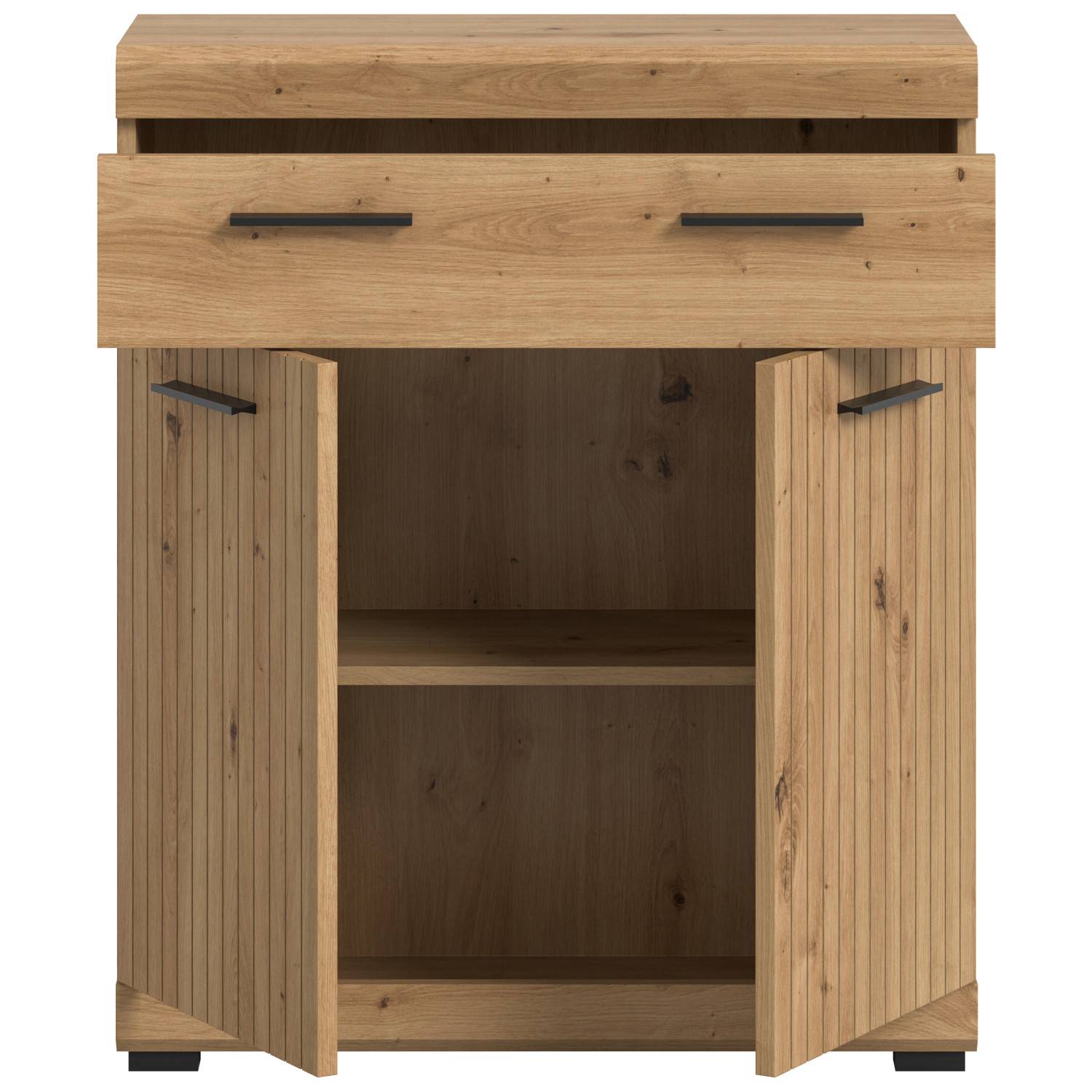 Heller Wohnzimmerschrank mit offener Schublade und Türen, vertikaler Lattenstruktur und schwarze Griffe – Lasewood