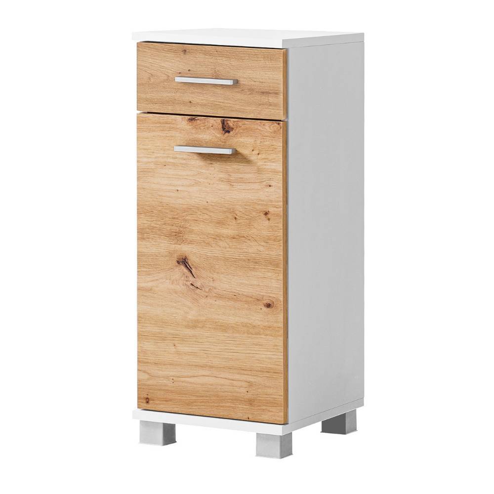 Badschrank in Wildeiche Optik und Weiß mit einer Schublade, einer Tür und Metallfüßen – Tolucara