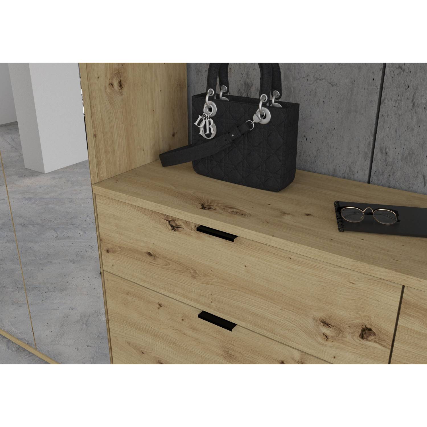 Holz-Garderobenmodul mit vier Schubladen und schwarzen Griffen für den Eingangsbereich – Pretty