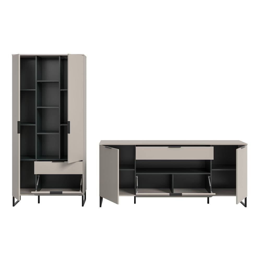 Offene Wohnzimmer Anbauwand mit hohem Vitrinenschrank und niedrigem Sideboard – Ostinia
