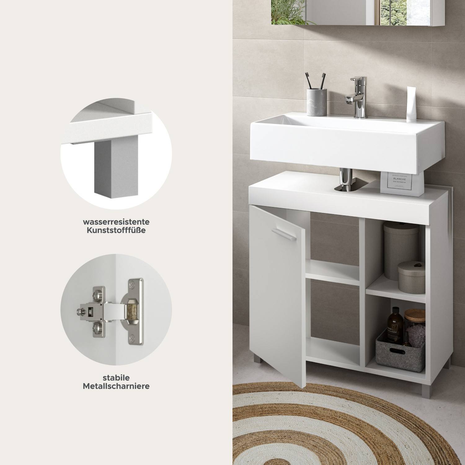Badschrank mit wasserresistenten Kunststofffüßen und stabilen Metallscharnieren – Yamescoa