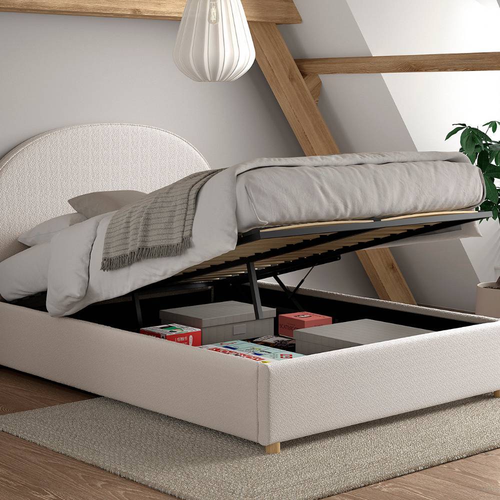 Polsterbett in Boucle-Weiß mit offenem Bettkasten zur Aufbewahrung von Gegenständen im Schlafzimmer – Skylab