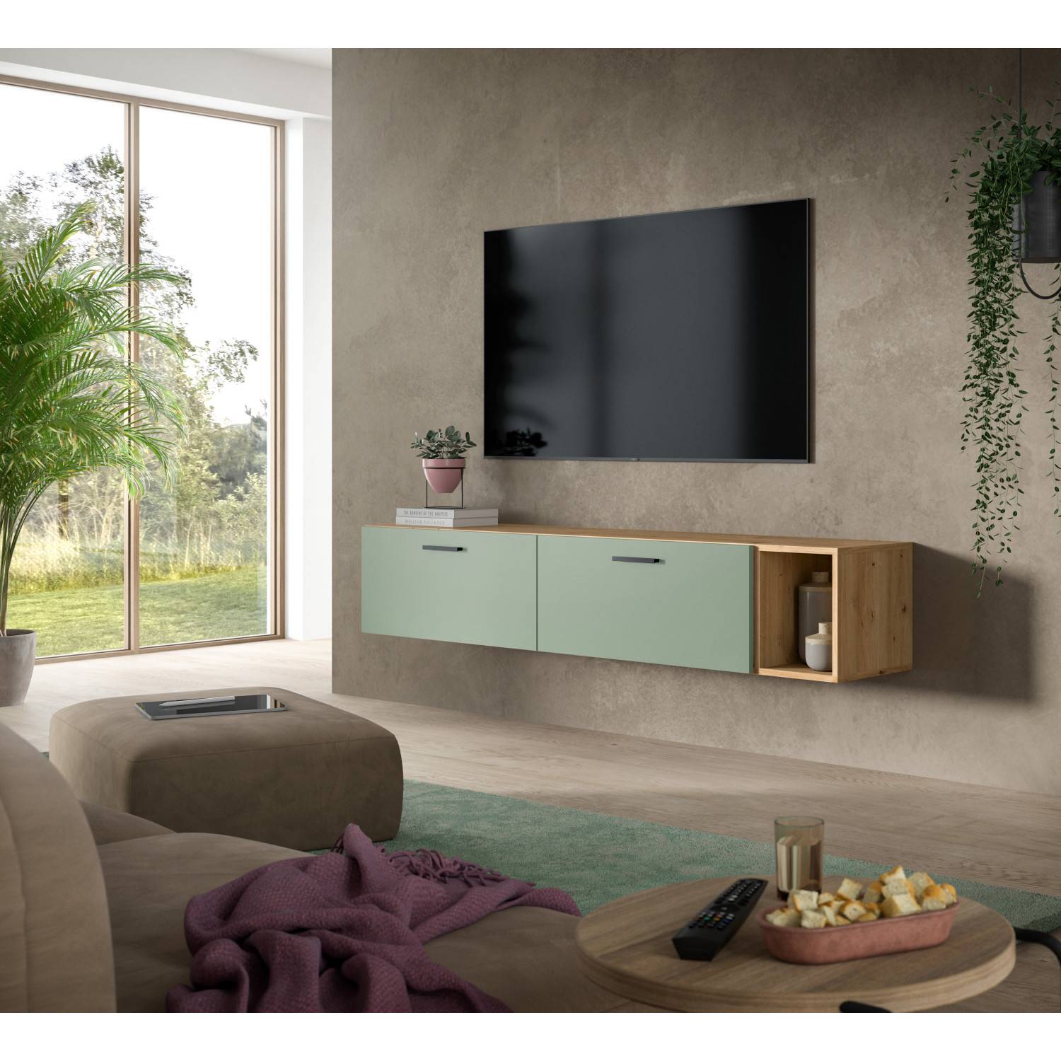 Kompakte Anbauwand als TV-Möbel in Eiche und Salbeigrün im modernen Wohnzimmer – Jonni