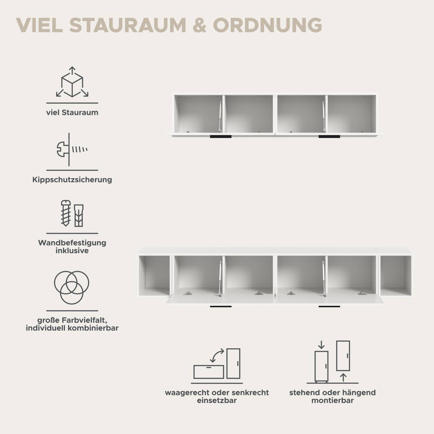 Flexible weiße Wohnwand Module mit viel Stauraum, Kippschutz und Wandbefestigung – Actionsa