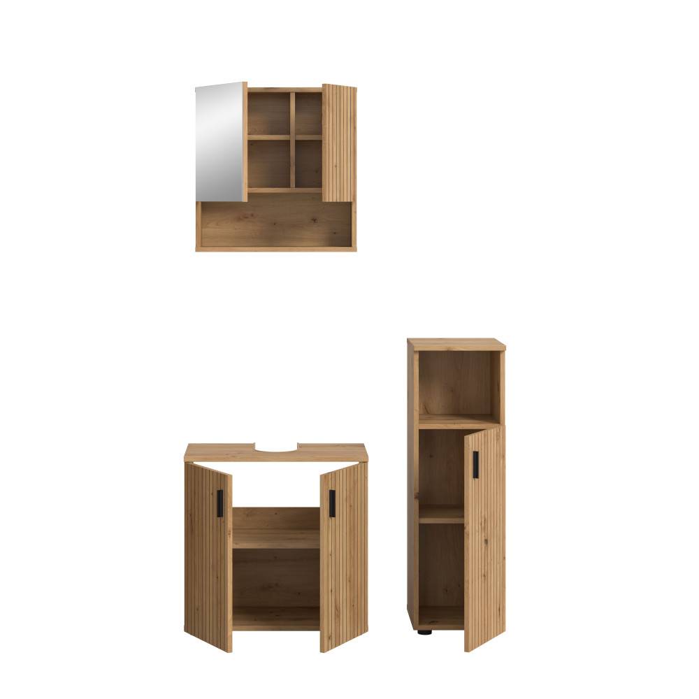 Dreiteiliges Badmöbelkomplettset Janny mit Spiegelschrank, Waschtischunterschrank und Hochschrank – Janny