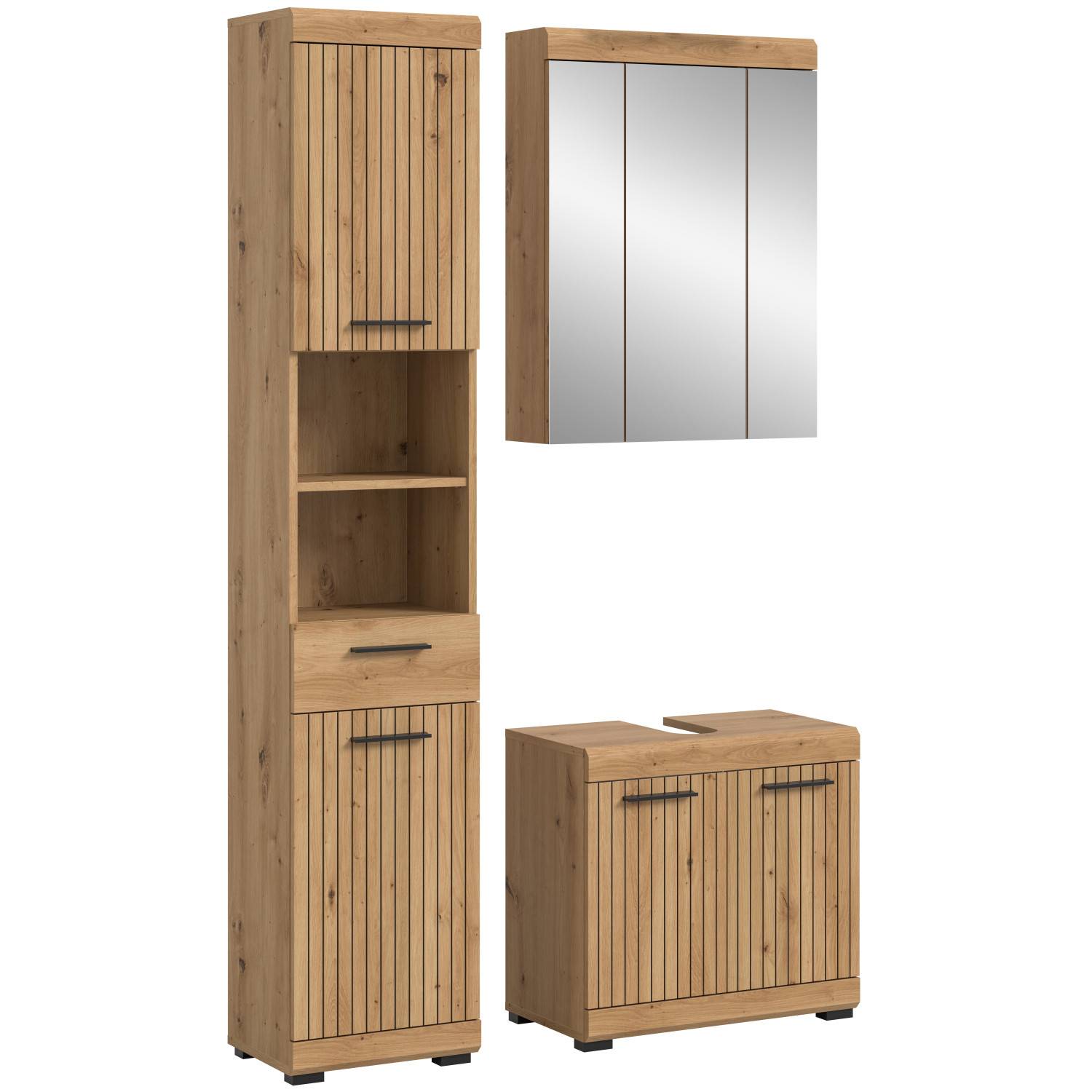 Dreiteiliges Badezimmerset mit Hochschrank, Spiegelschrank und Waschtischunterschrank in Artisan Holzdekor – Lasewood