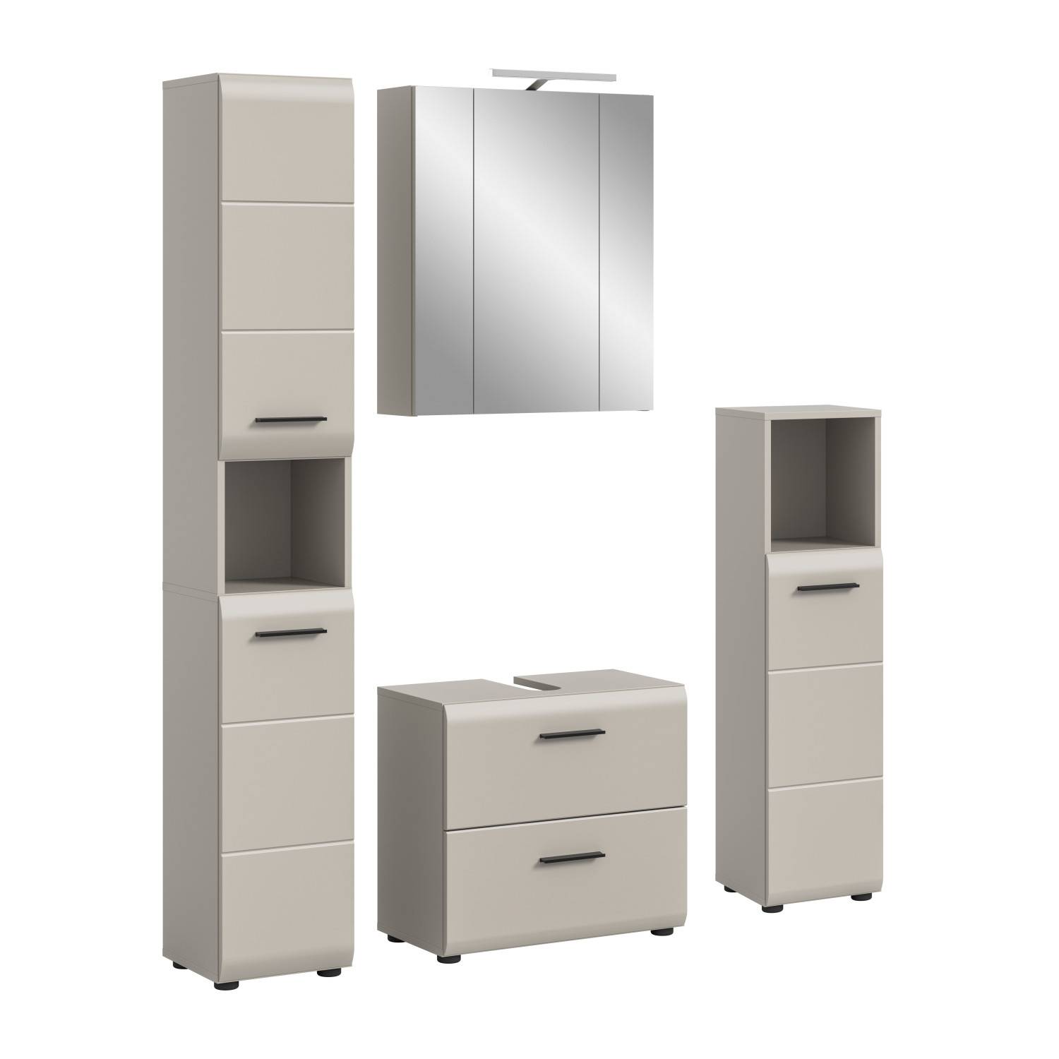 Elegantes Badmöbel Set vierteilig in Beige mit geschlossenen Fronten und Spiegelschrank – Donostia