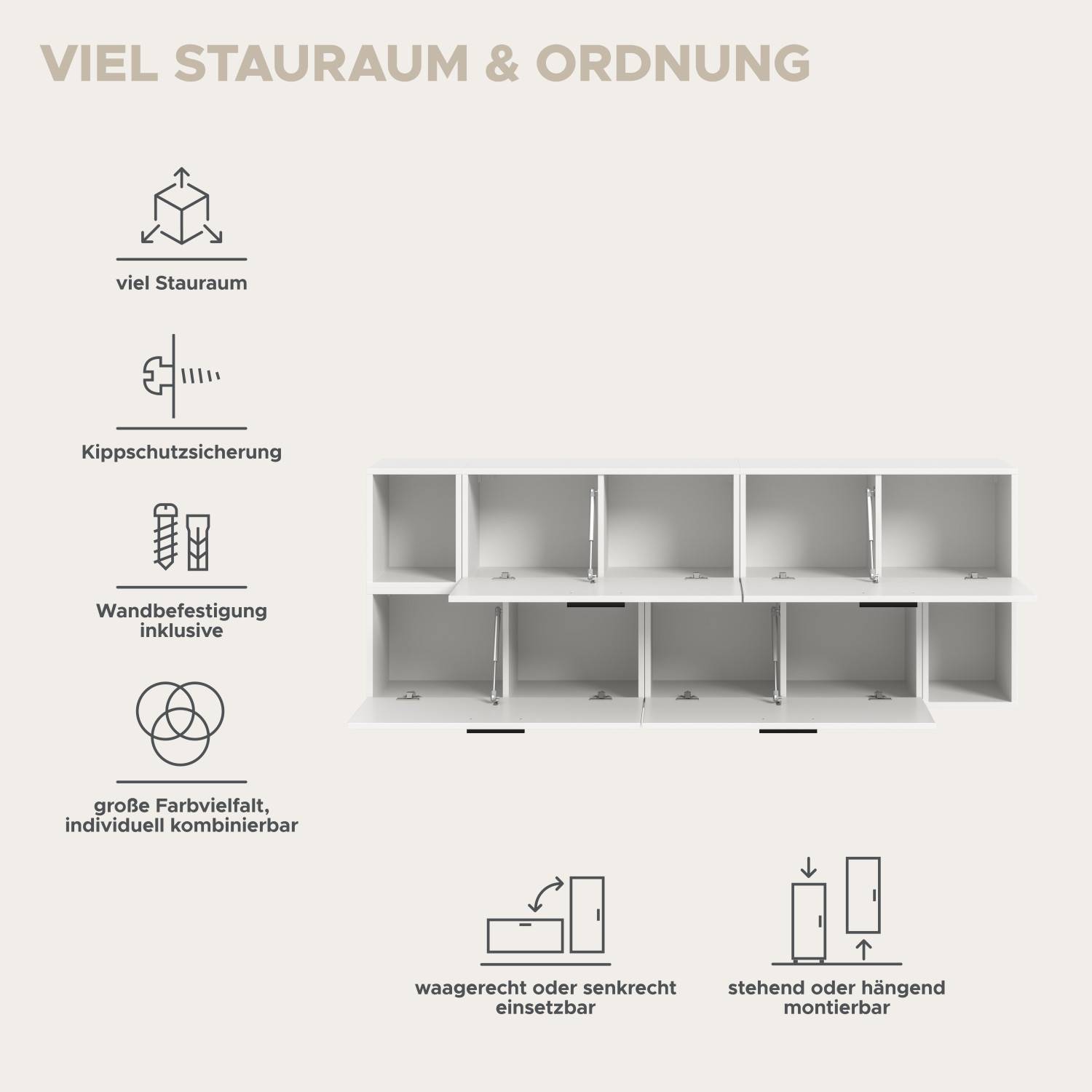 Weißes TV Lowboard mit sechs Fächern und flexiblen Montageoptionen für Wohnzimmer – Actionsa