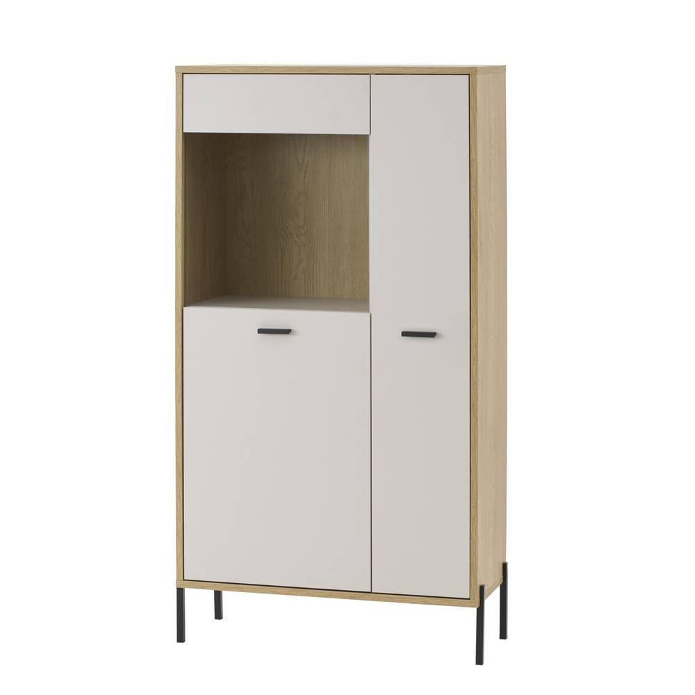 Stilvolles Highboard in Beige und heller Holzoptik mit Schublade, Türen und schwarzen Beinen – Dasanti