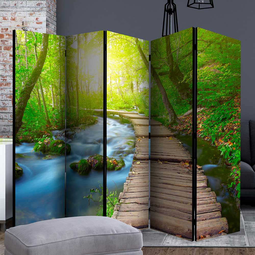 Spanische Wand mit Foto Wald Wasser & Holzweg - Musena