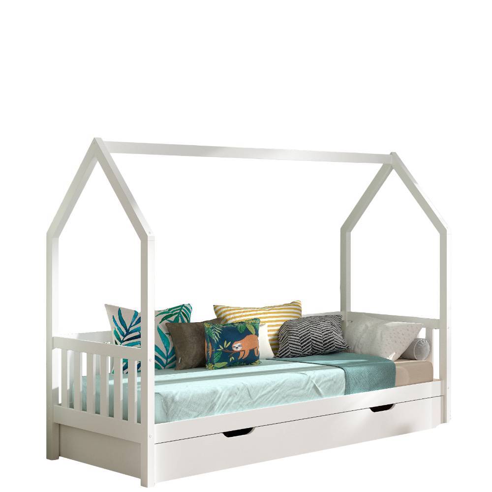 Modernes weißes Kinder Hausbett 90x200 mit Lattenrost und Stauraumschublade – Gransov