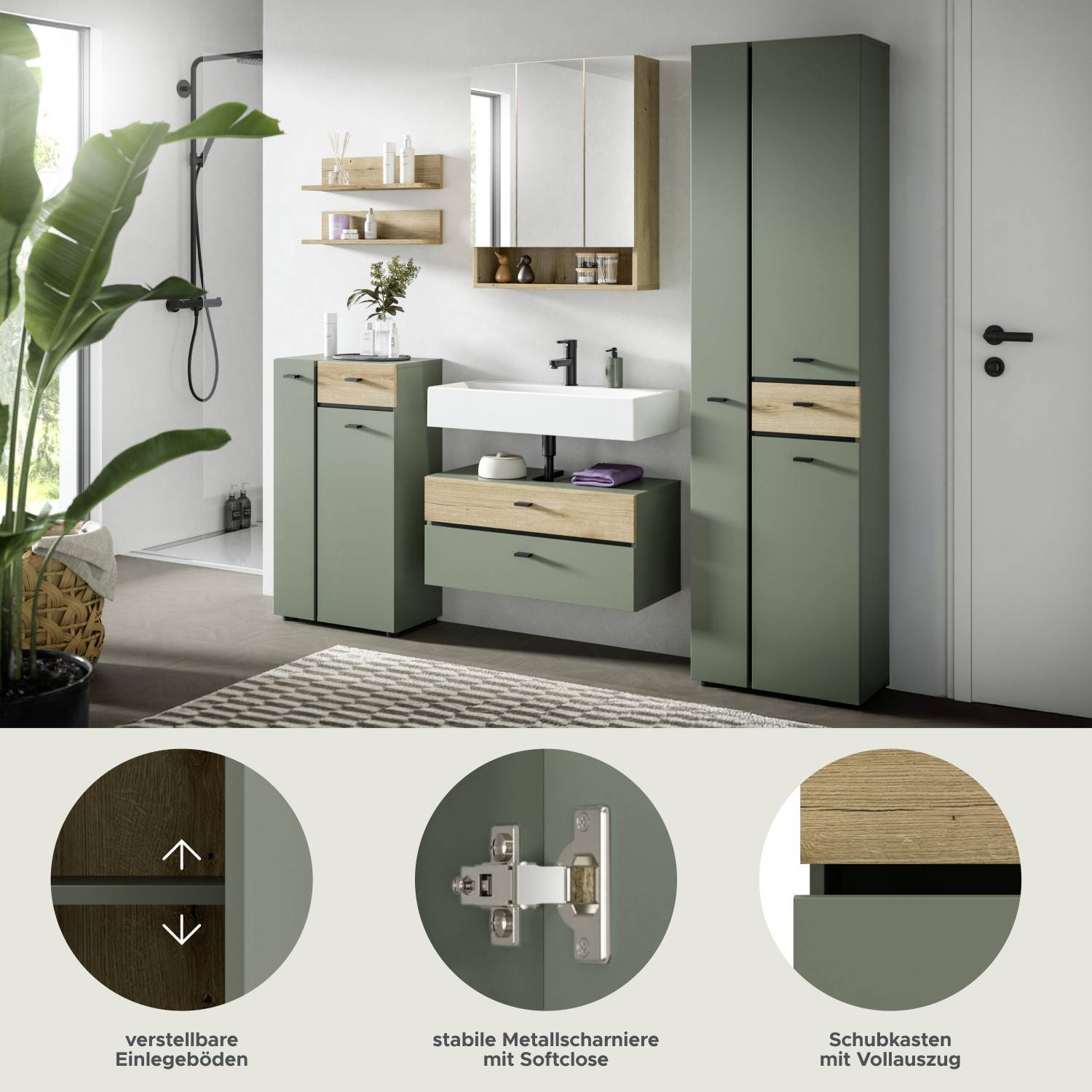 Badezimmer Set in Salbeigrün mit verstellbaren Einlegeböden und Softclose-Scharnieren – Jubby