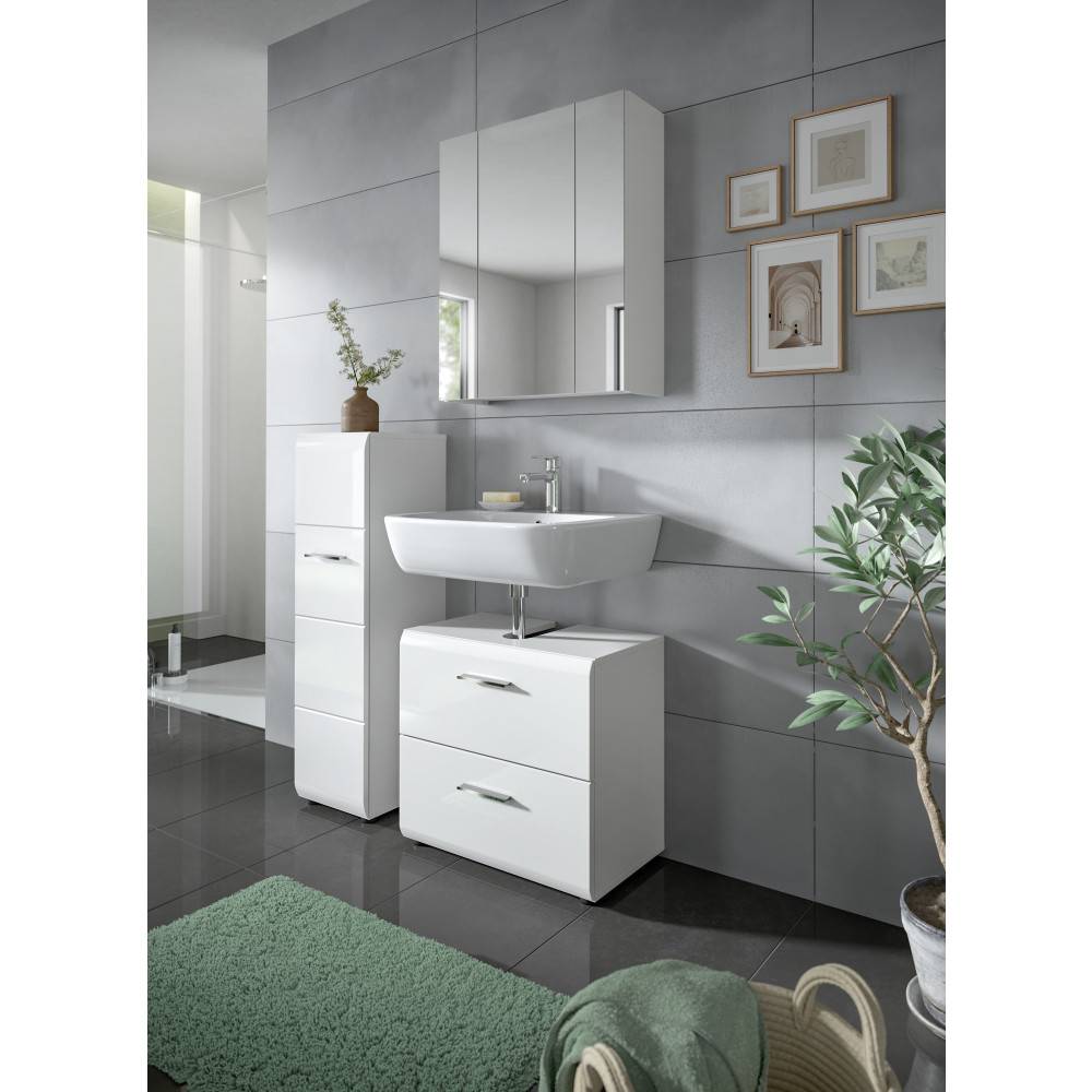 Modernes weißes Badezimmer Set mit Spiegelschrank, Waschtisch, Waschtischunterschrank und Hochschrank – Clona