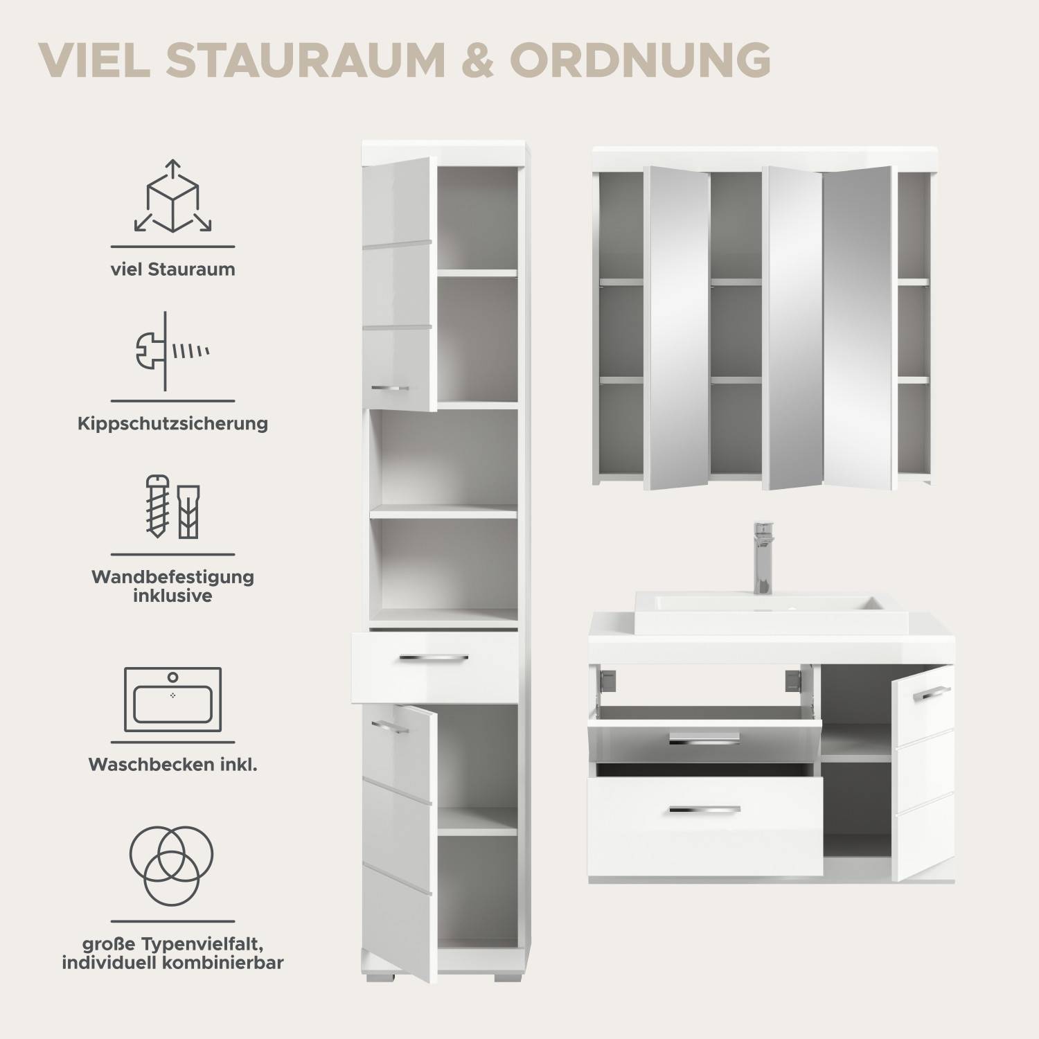 Dreiteiliges Badmöbelset mit viel Stauraum, Kippschutz und Wandbefestigung – Nanila