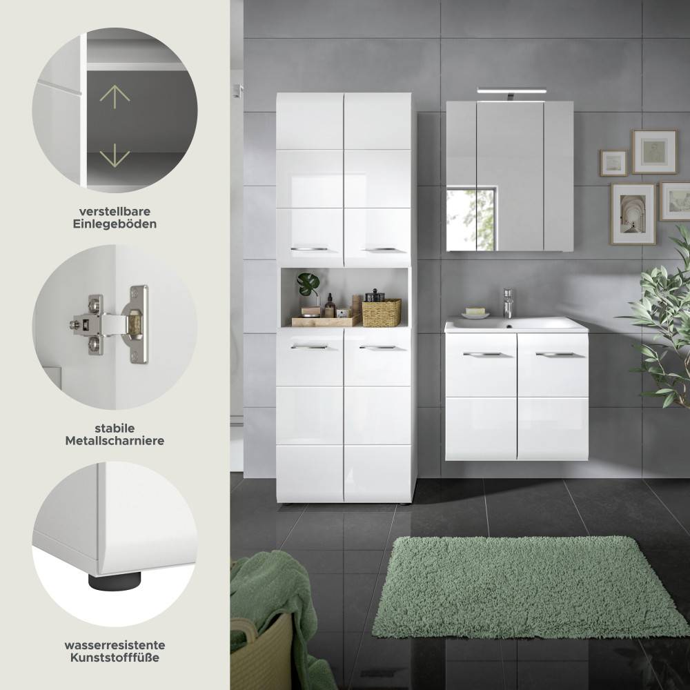 Verstellbare Einlegeböden, stabile Metallscharniere und wasserresistente Kunststofffüße des Badmöbel Sets – Clona