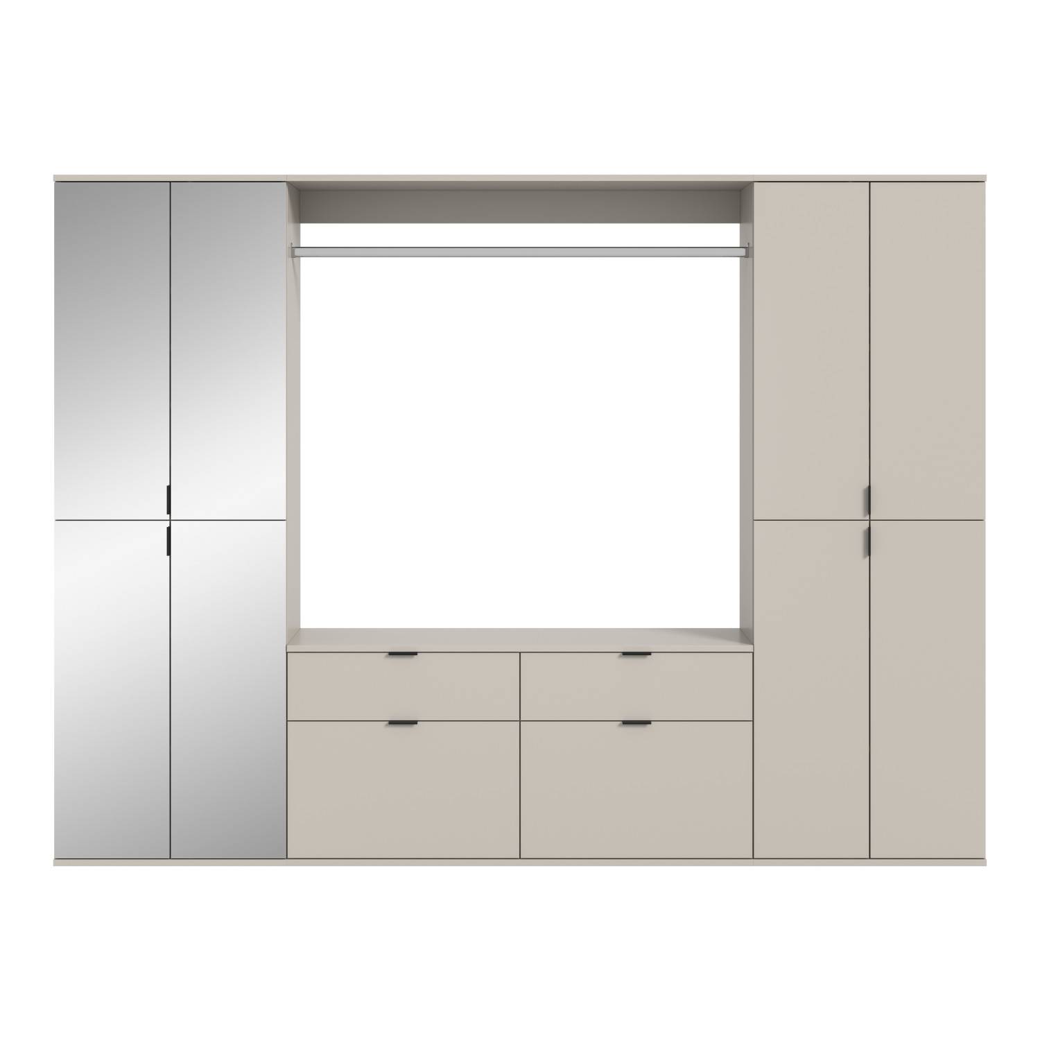 Geschlossenes Flurmöbelset mit Spiegelelementen, Garderobe und vier Schubkästen – Meho