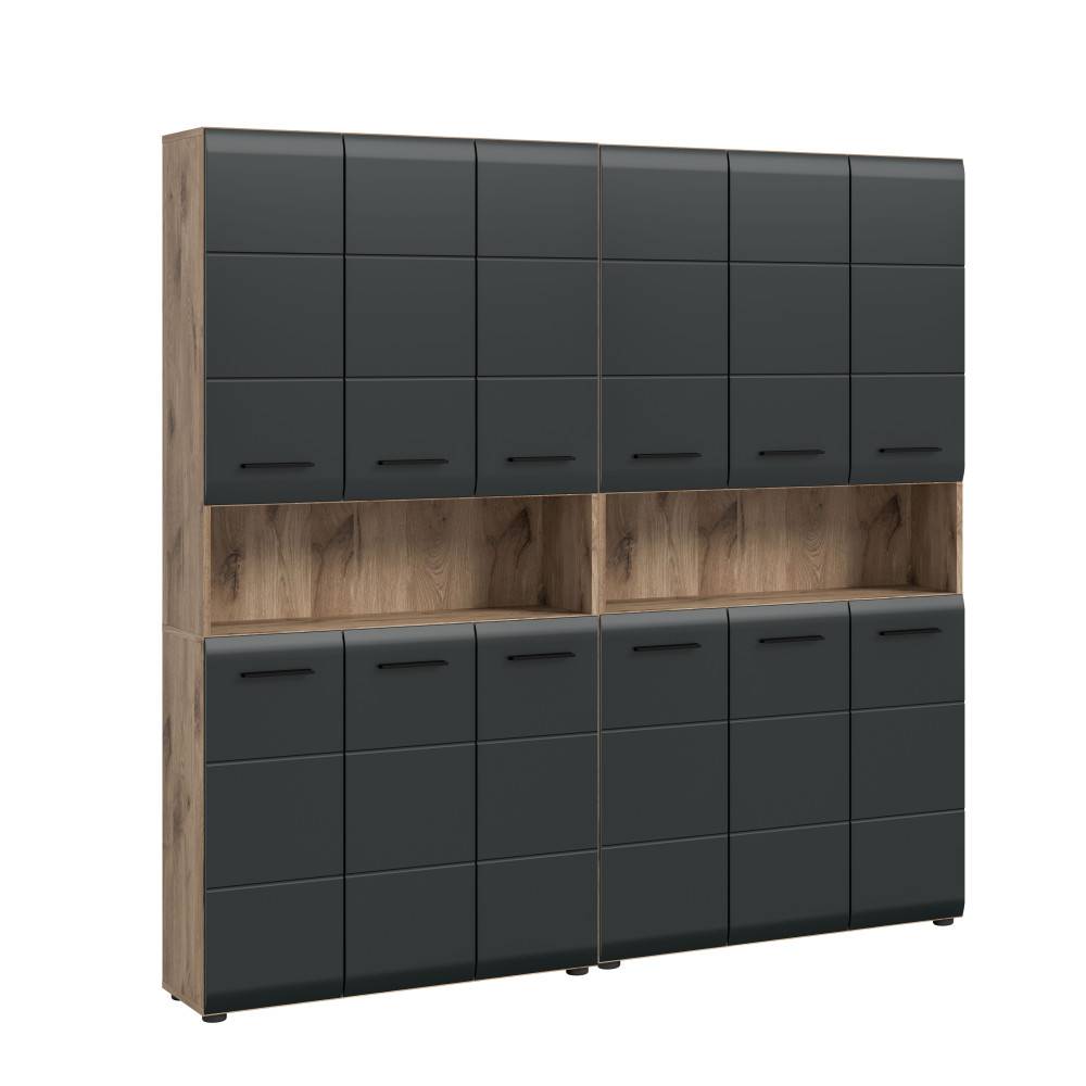 Hochschrank für Badezimmer mit schwarzen Fronten und Holzoptik-Elementen – Karina