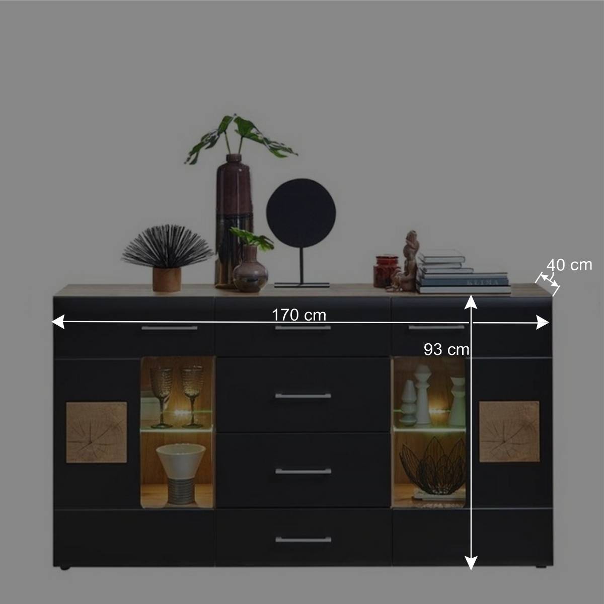 170x93x40 Sideboard mit Glas in Schwarz & Wildeiche - Kandu