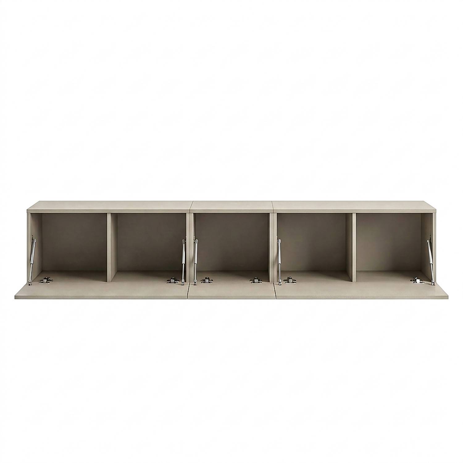 TV Sideboard dreiteilig mit allen Klappen geöffnet und sichtbaren Gasdruckdämpfern – Draguno
