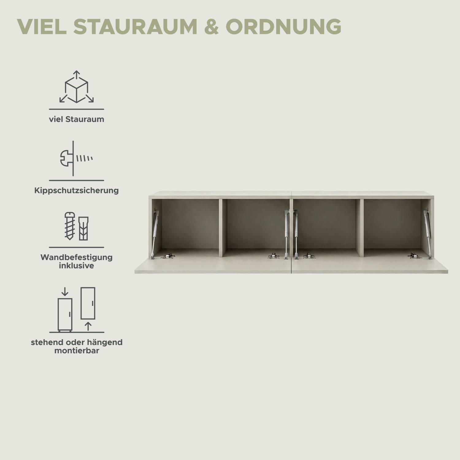 Graubeige matte Wohnwand mit viel Stauraum, Kippschutz und flexibel stehend oder hängend montierbar – Draguno
