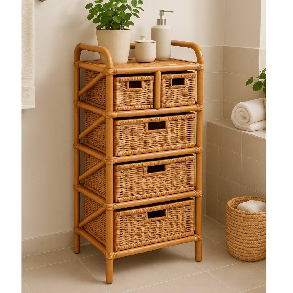 Boho Style Badregal aus Rattan in Honigfarben - Justa