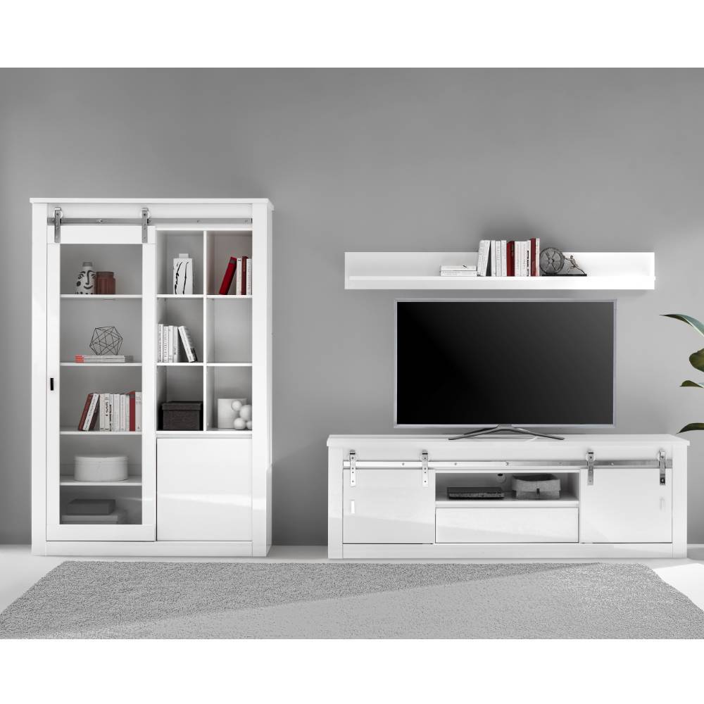 Dreiteilige weiße Design-Wohnwand Set mit TV-Lowboard, Vitrine und Wandregal – Memphys