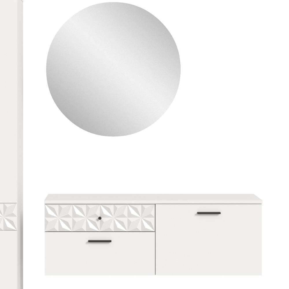 Moderne Kommode mit geometrischem 3D-Muster und schwarzem Griff, dazu runder Wandspiegel für den Flur – Ustabo