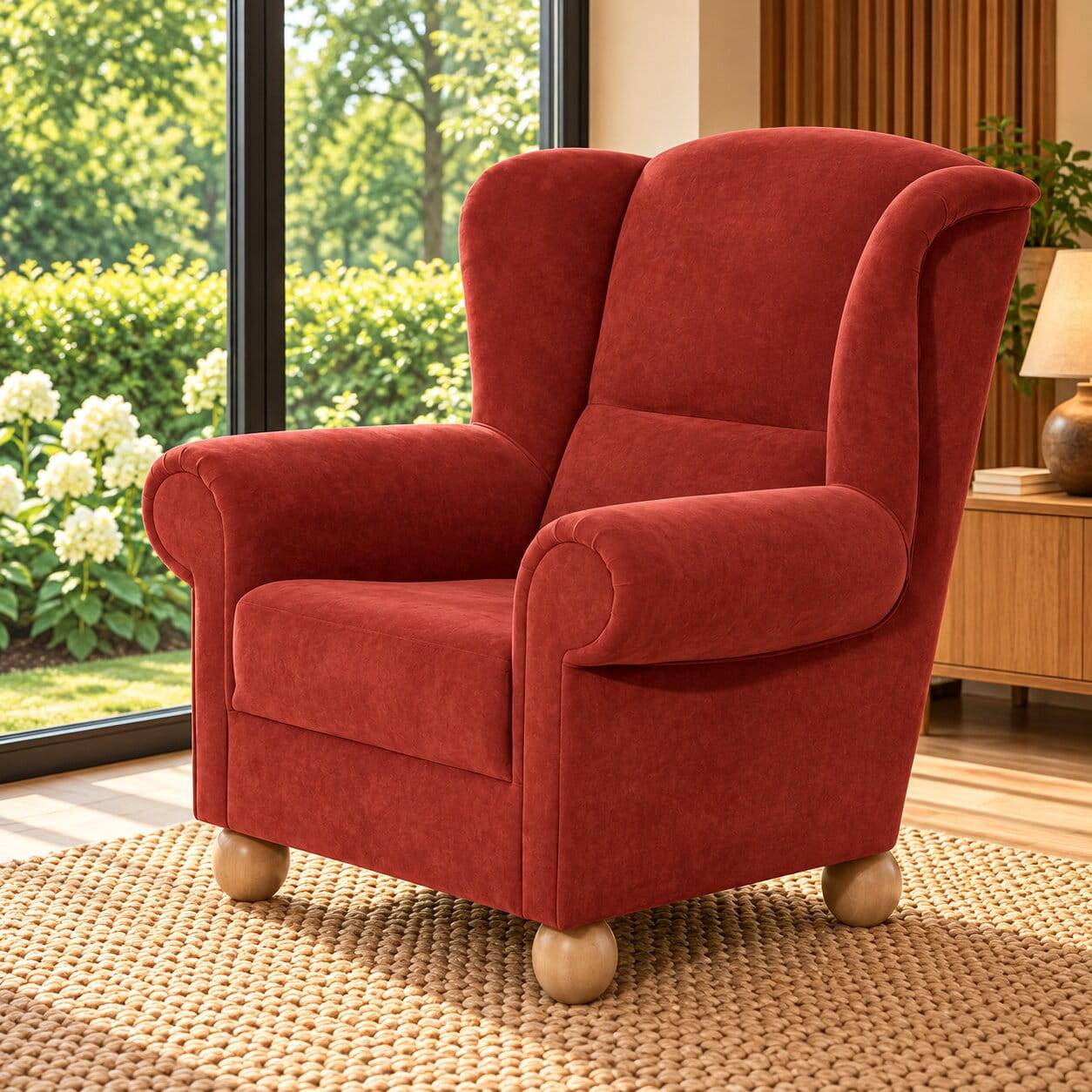 Roter Sessel mit Ohren aus Velours - Jamey