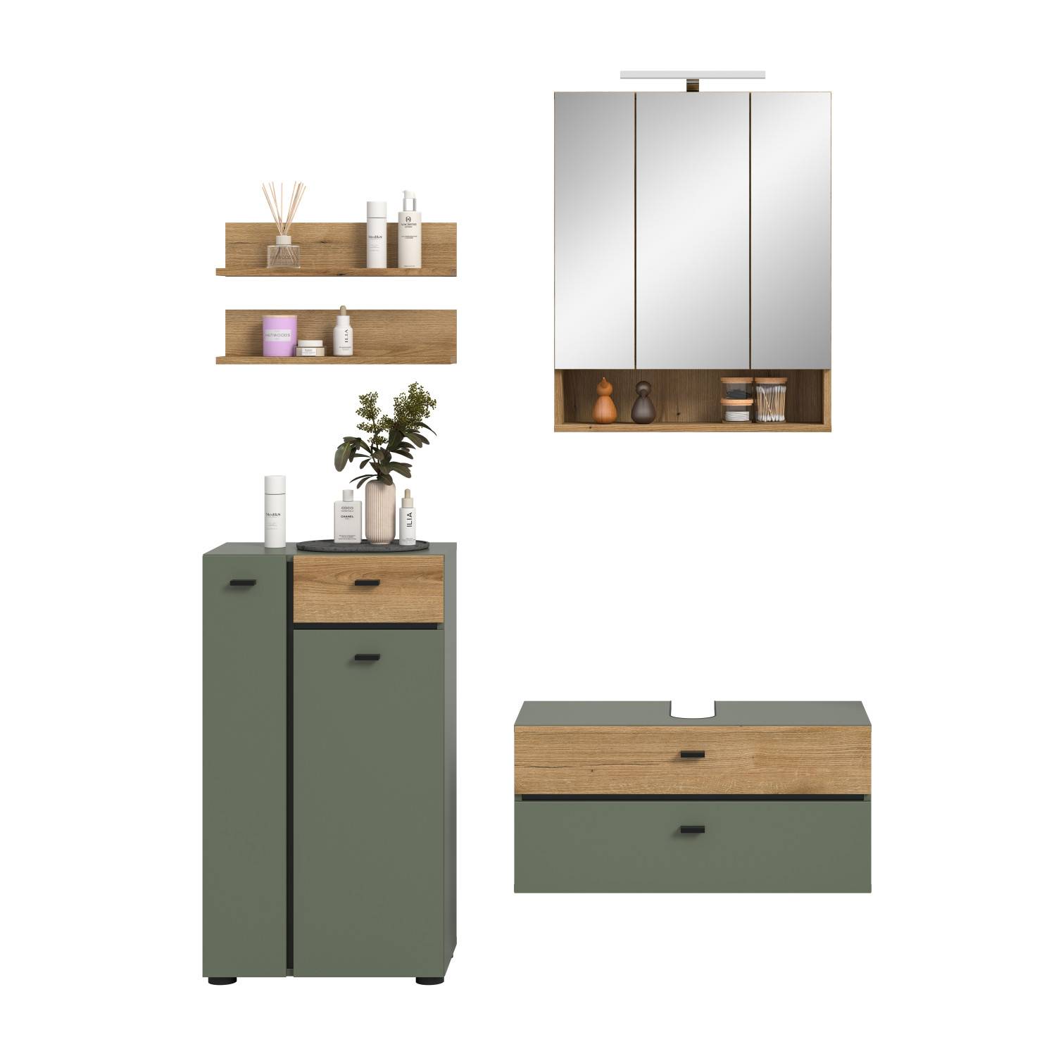 Fünfteiliges Waschplatz Set in Eiche Optik und Grün mit Spiegelschrank und Hochschrank – Jubby