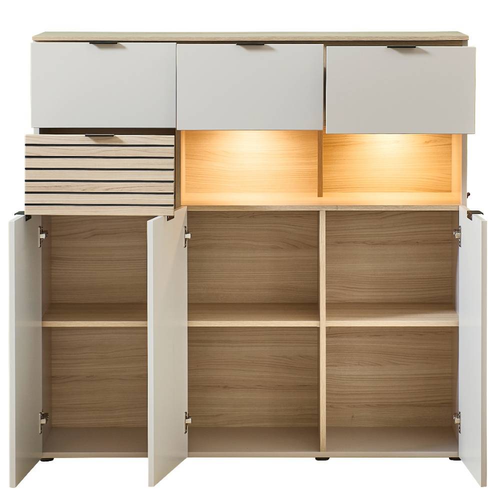 Breites Highboard in Hellgrau und Eiche Hell - Rovigo