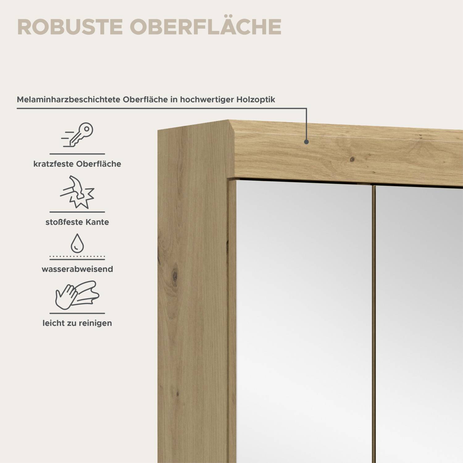 Spiegelschrank mit robuster, kratzfester und wasserabweisender Oberfläche in Holzoptik – Lasewood