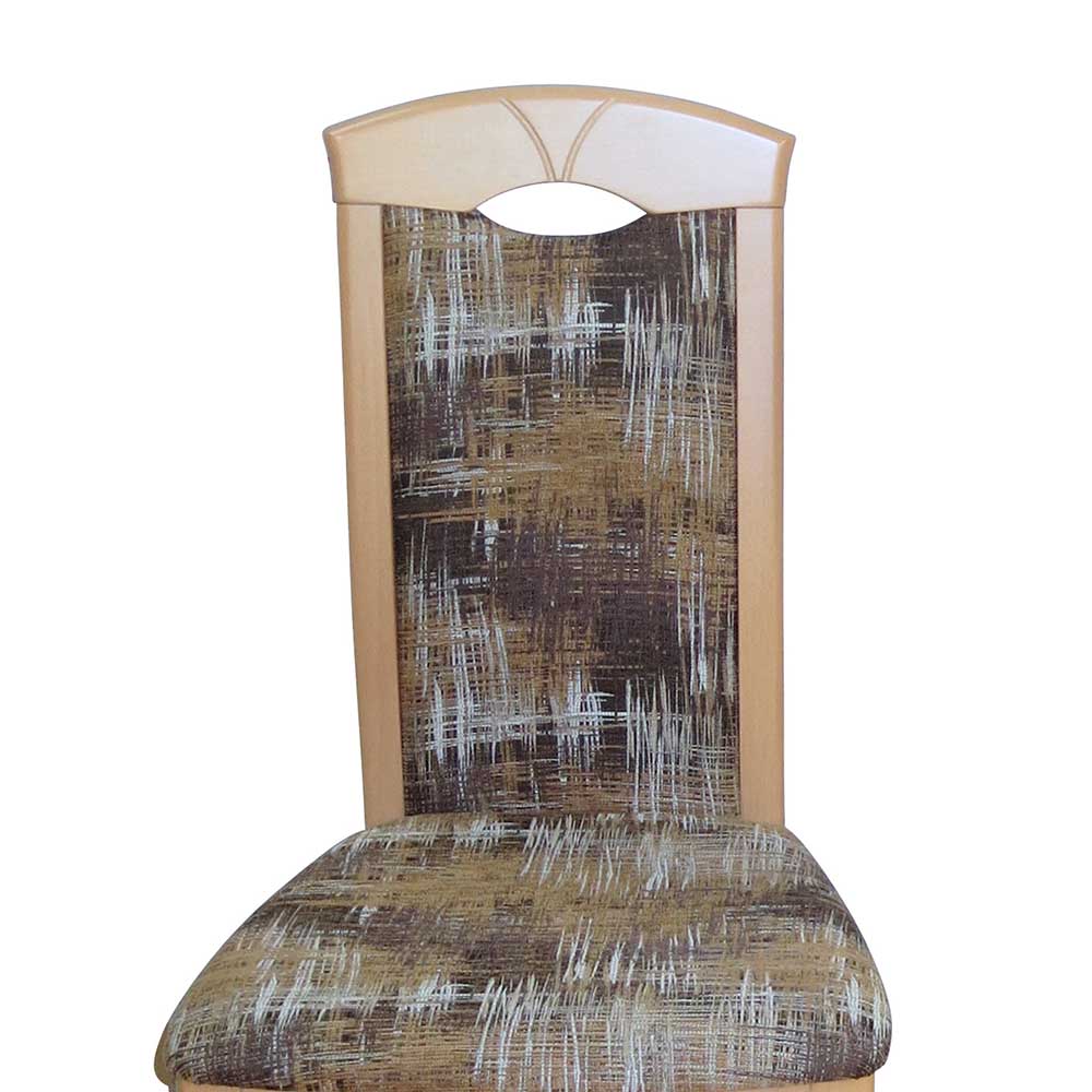 Holz Stuhl für Esszimmer Karoline mit Musterstoff Braun Beige (2er Set)