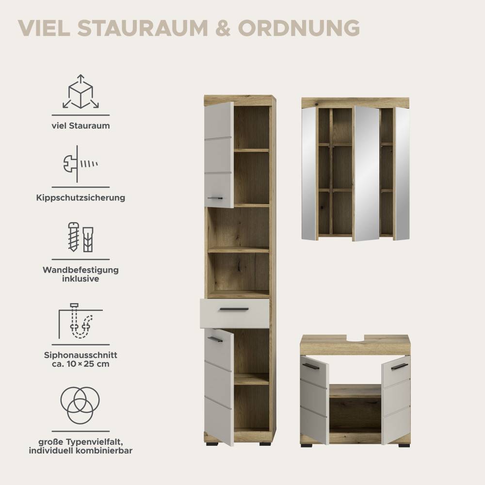 Badmöbelset Casserra mit viel Stauraum, Kippschutzsicherung, Wandbefestigung und Siphonausschnitt – Casserra