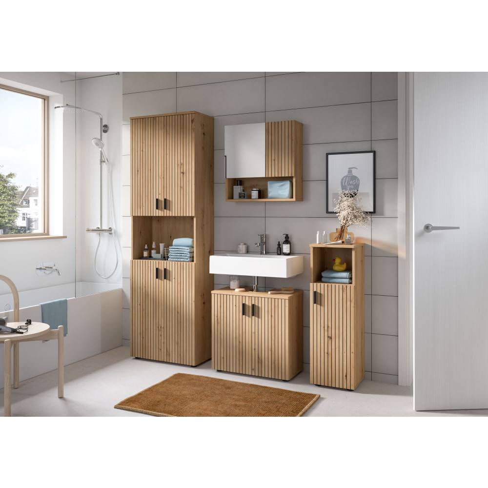 Badmöbelset Janny in Holzoptik mit Spiegelschrank, Waschbeckenunterschrank und Hochschrank in modernem Bad – Janny