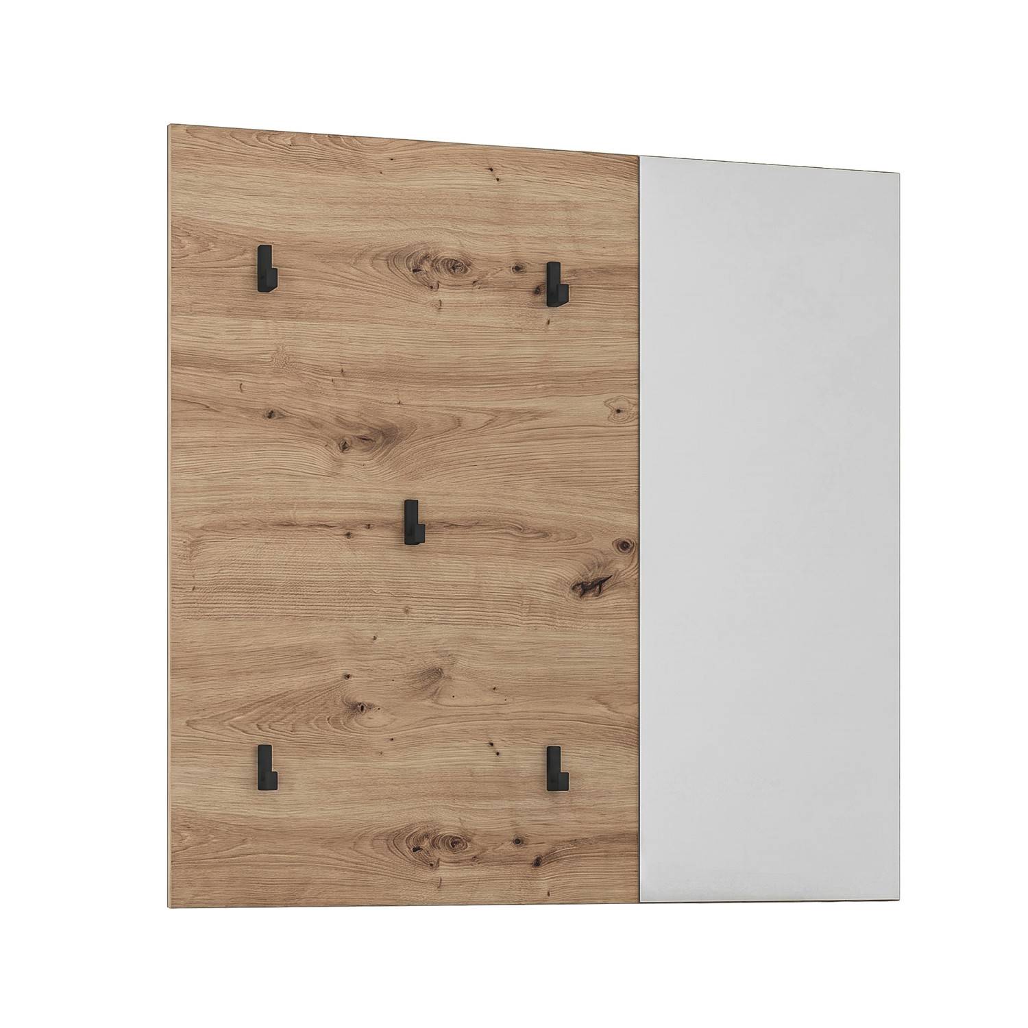 Moderne Wandgarderobe mit vielseitigen Haken und integriertem Spiegel in Pinienholz Optik – Omy