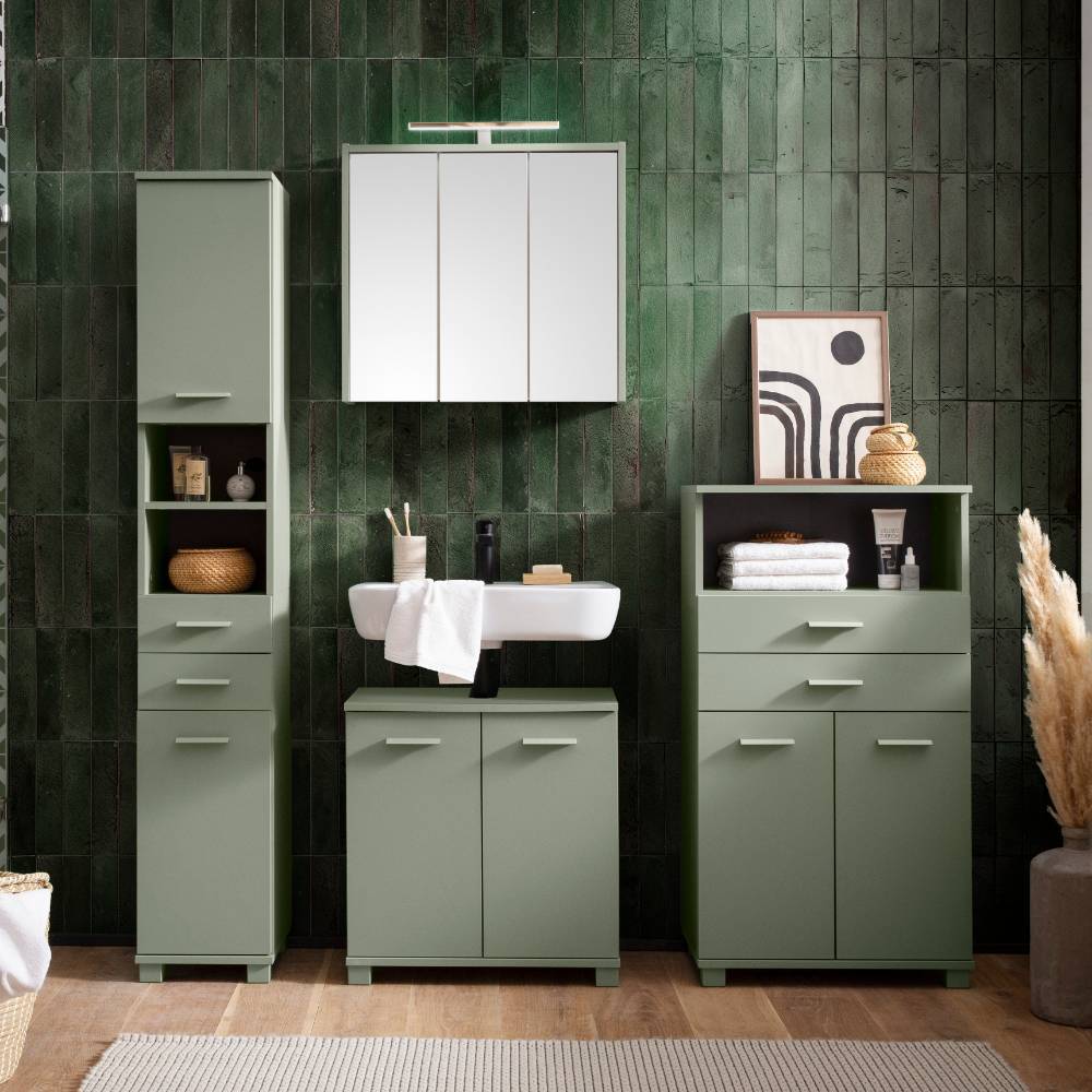 Graugrünes Highboard im modernen Badezimmer als praktisches Stauraummöbel – Holin