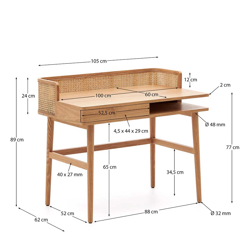 Schreibtisch in Esche mit Wiener Geflecht - Lynellas