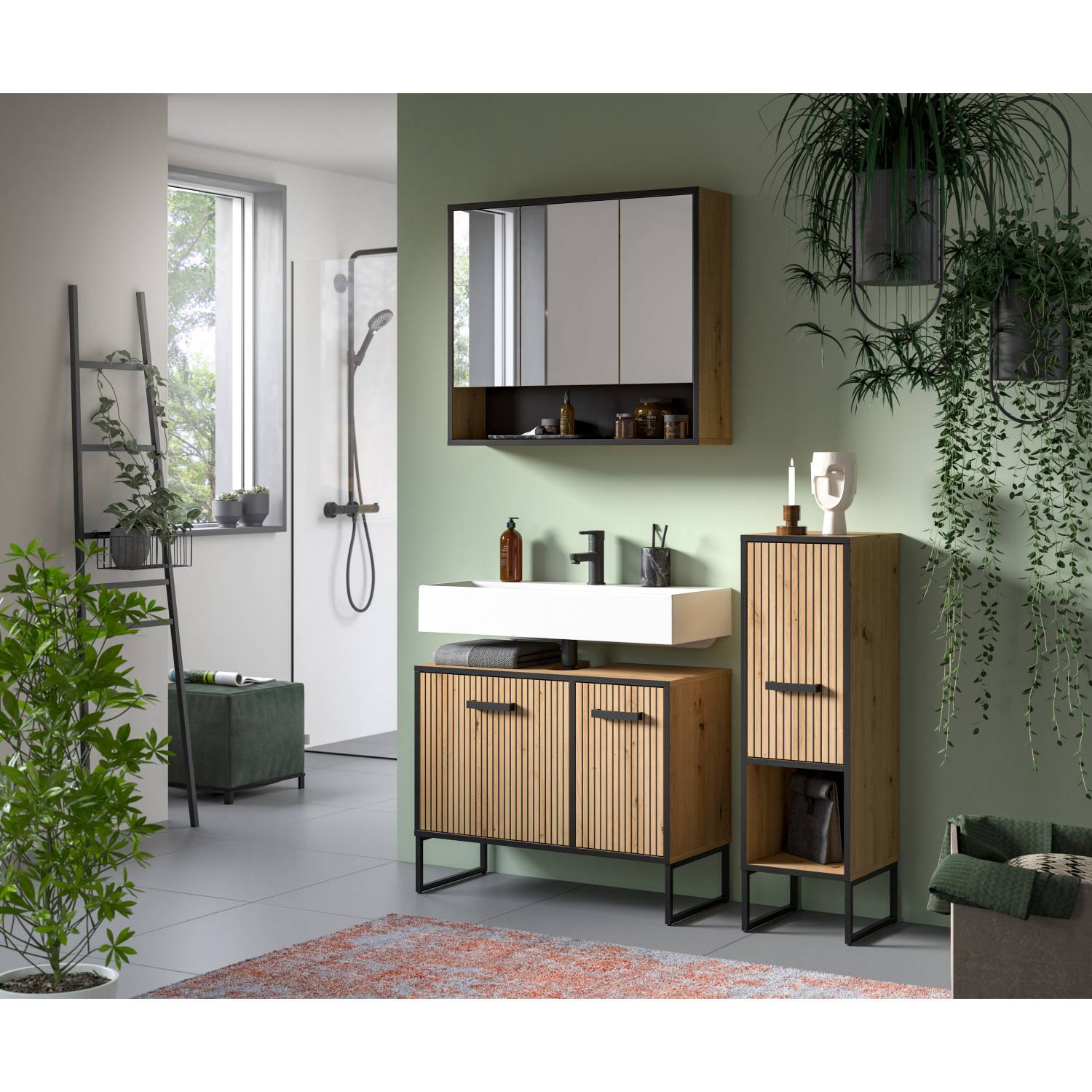 Dreiteiliges Badezimmermöbel Set im Loft-Stil mit Spiegelschrank, Waschtisch und Hochschrank – Brutannia