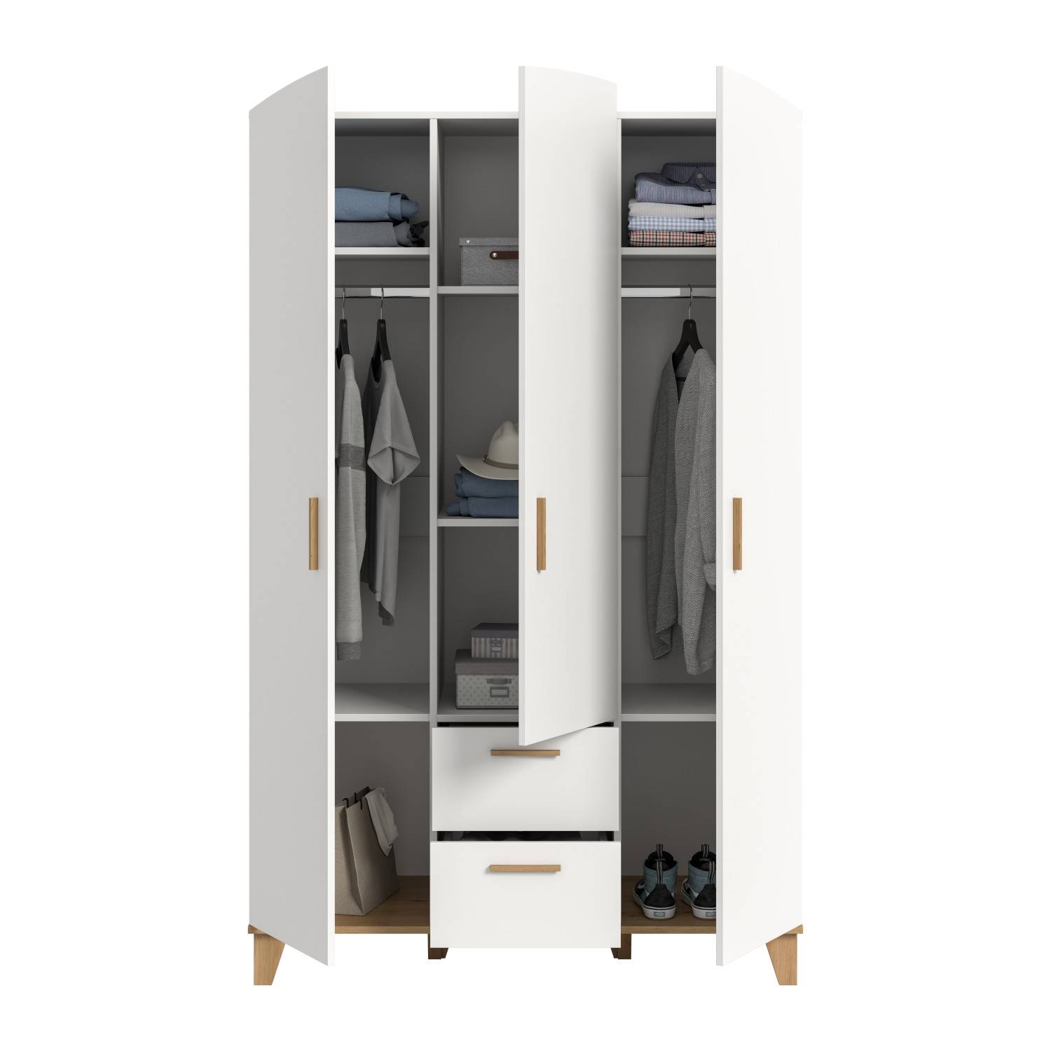 Weißer Kleiderschrank geöffnet mit Kleidung, Schuhen und Accessoires in Fächern und Schubladen – Lefona