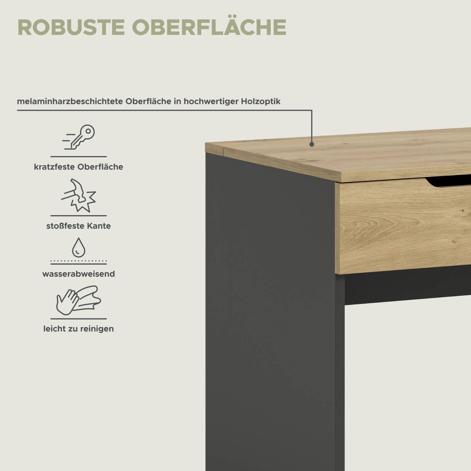 Robuste, kratzfeste und wasserabweisende Oberfläche des Schminktisches in Holzoptik – Irysma