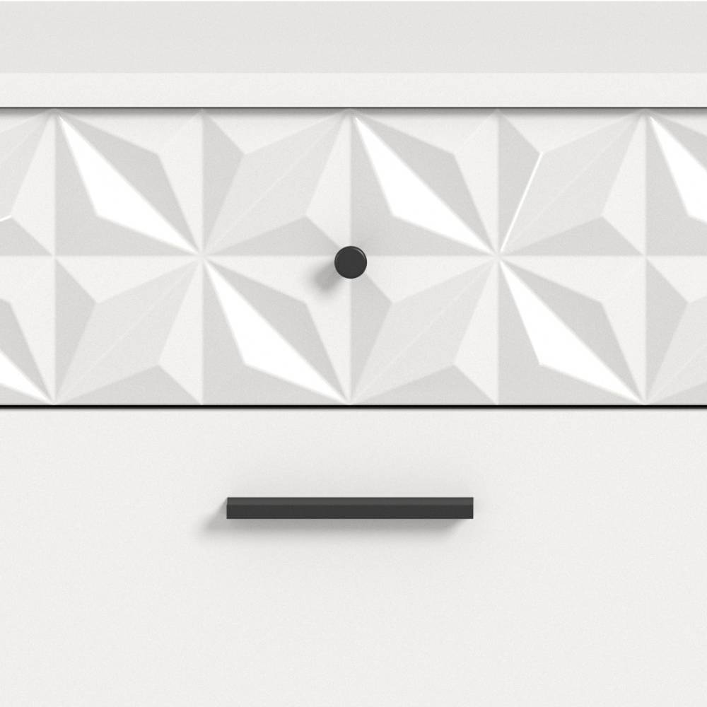 Weiße Schubladenfront mit geometrischem 3D-Muster, schwarzem Knopf und schwarzem Griff für den Flur – Ustabo