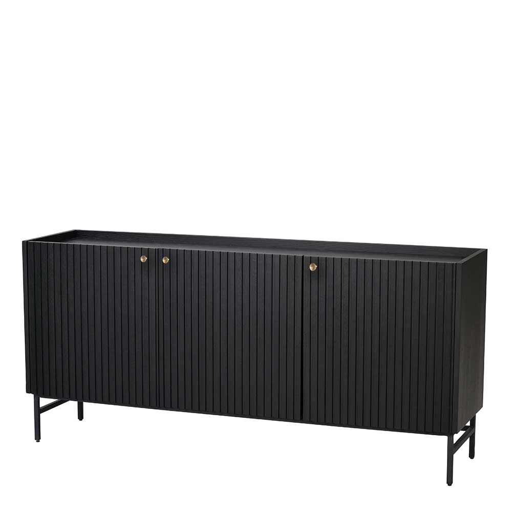 Modernes 3-türiges Sideboard aus schwarzem Holz mit gerillten Fronten auf filigranen Beinen – Hemorian