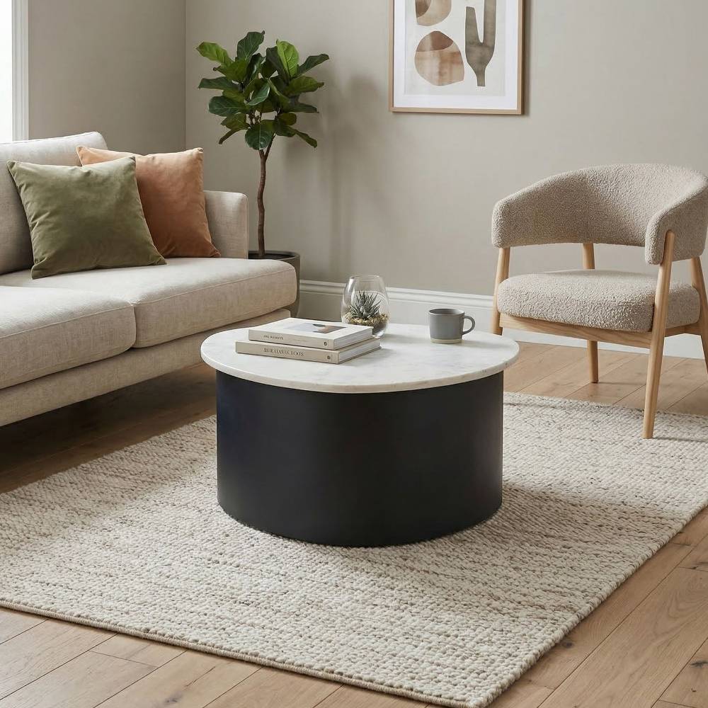 Moderner ovaler Sofatisch mit weiß-grauer Marmorplatte und schwarzem Sockel im Wohnzimmer – Lameiro