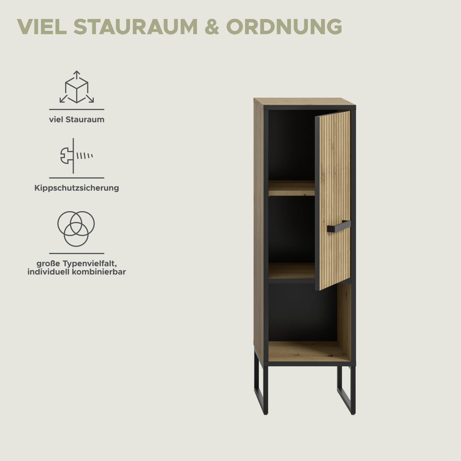 Schmaler Badschrank mit viel Stauraum, Kippsicherung und vielfältigen Kombinationsmöglichkeiten – Brutannia