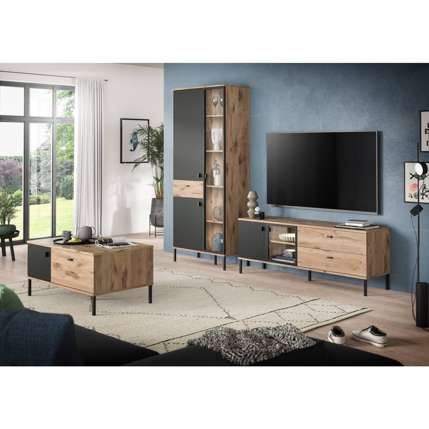 Zweiteilige moderne Anbauwand in Eiche und Anthrazit im Wohnzimmer mit Fernseher – Rasmus