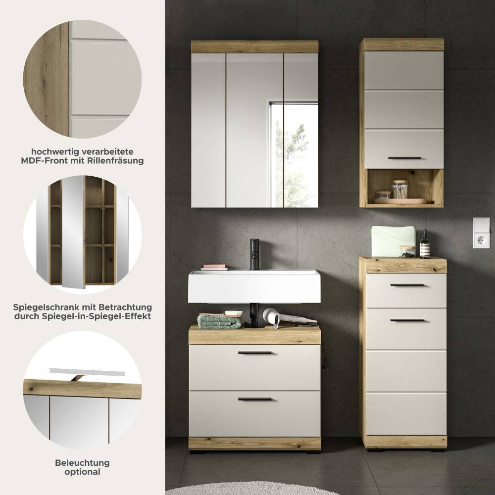 Hochwertige MDF-Fronten mit Rillenfräsung und Spiegelschrank mit Spiegel-in-Spiegel-Effekt – Casserra